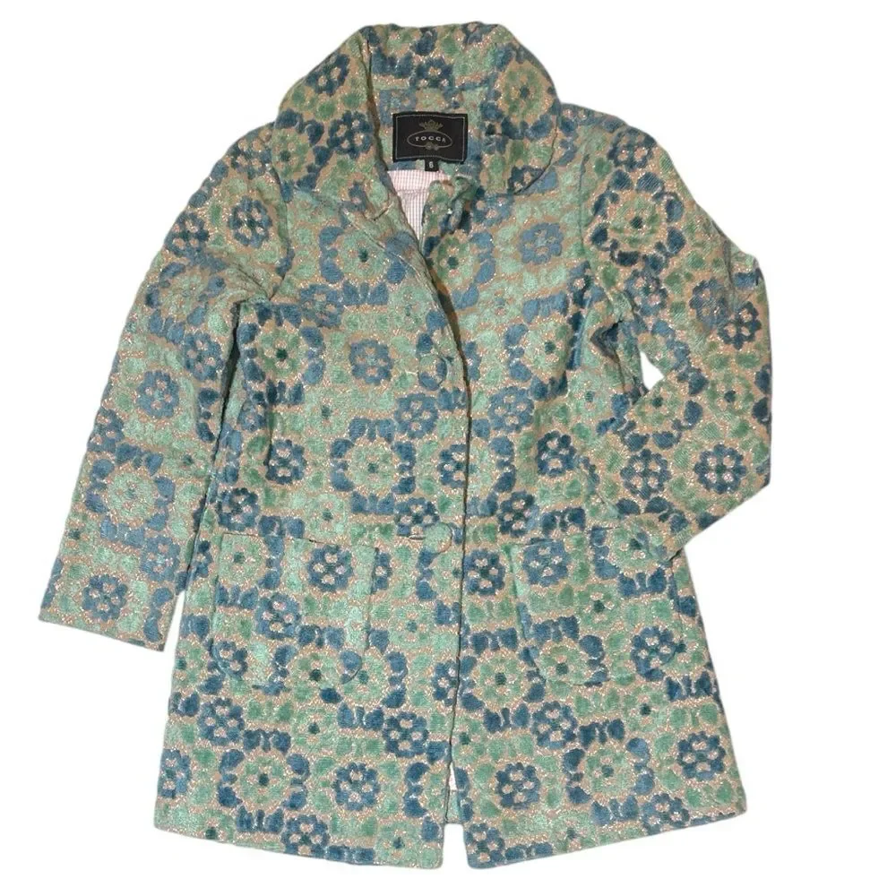 EEUC Tocca chenille jacquard blue/teal/metallic pea coat size 6
